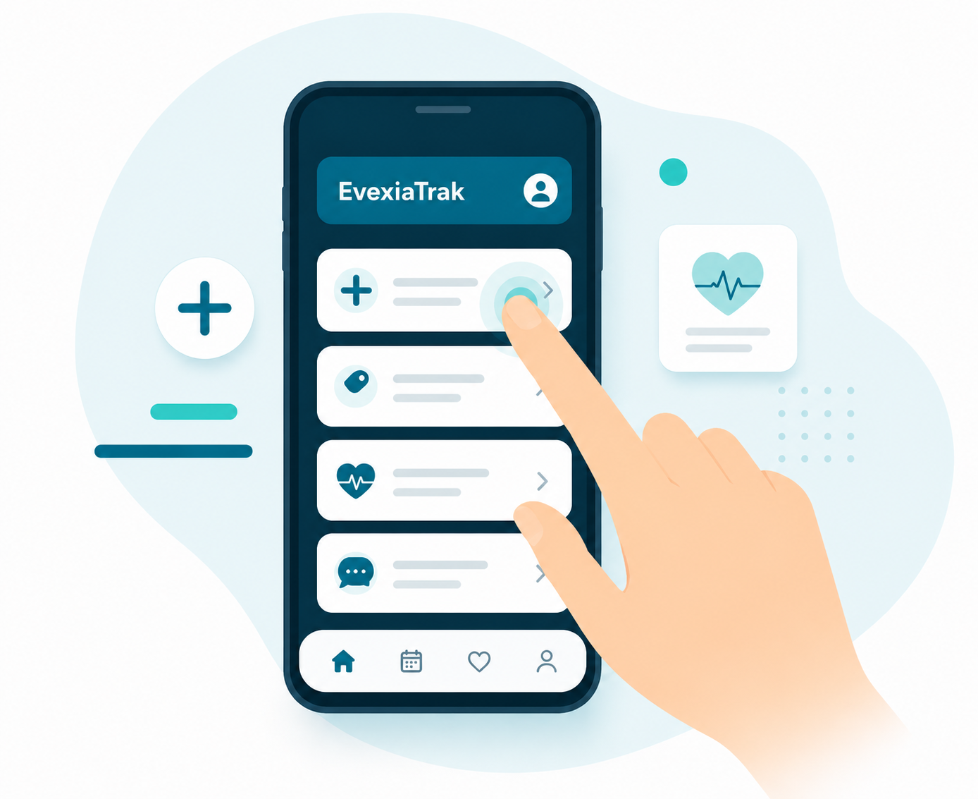 Illustration of the EvexiaTrak mobile app being tapped on a phone